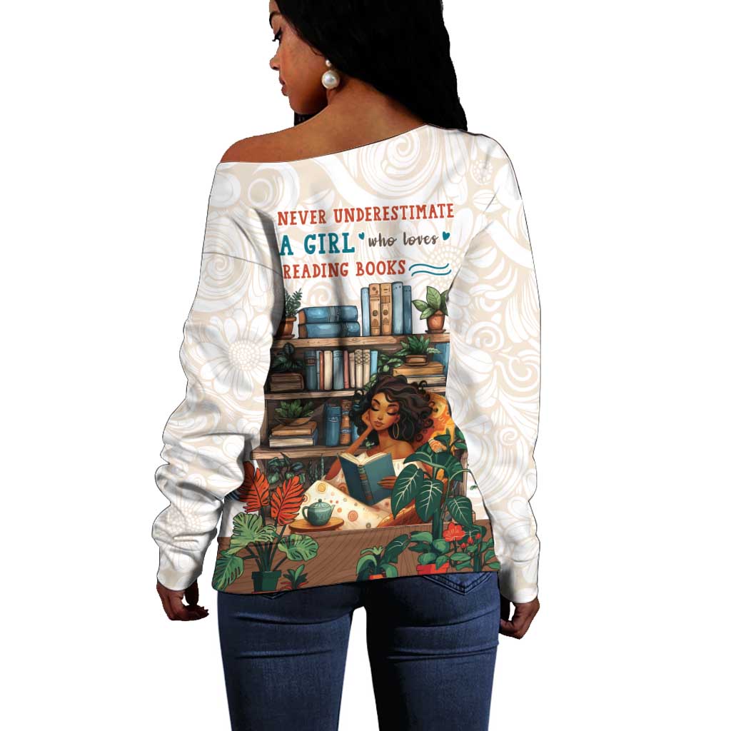 Never Underestimate A Girl Who Loves Reading Books Off Shoulder Sweater African Book Lovers DT04