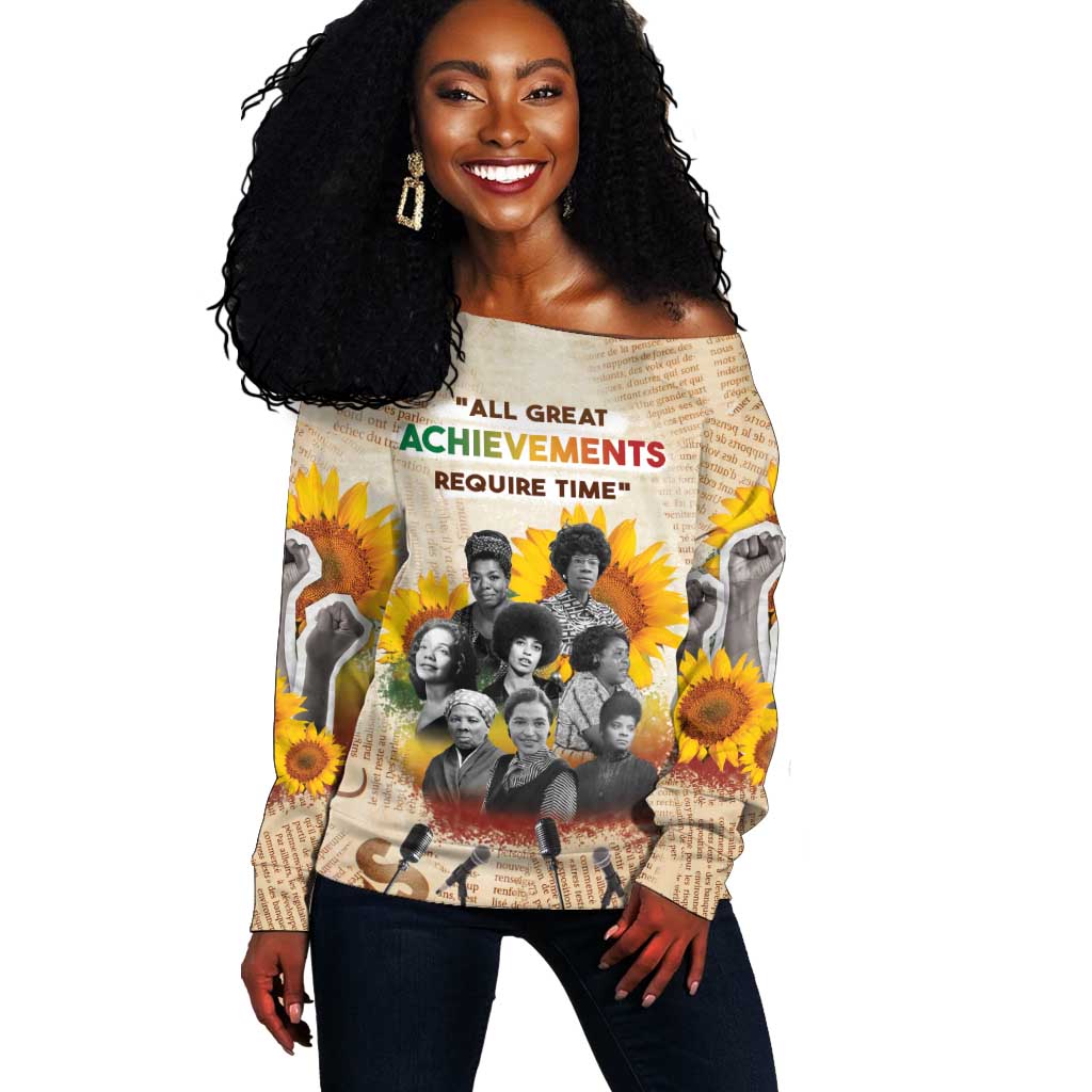 African Achievements Off Shoulder Sweater Civil Rights Female Leaders Sunflower DT04