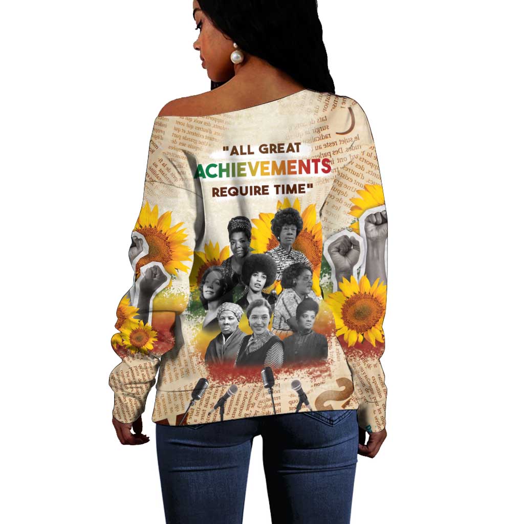 African Achievements Off Shoulder Sweater Civil Rights Female Leaders Sunflower DT04
