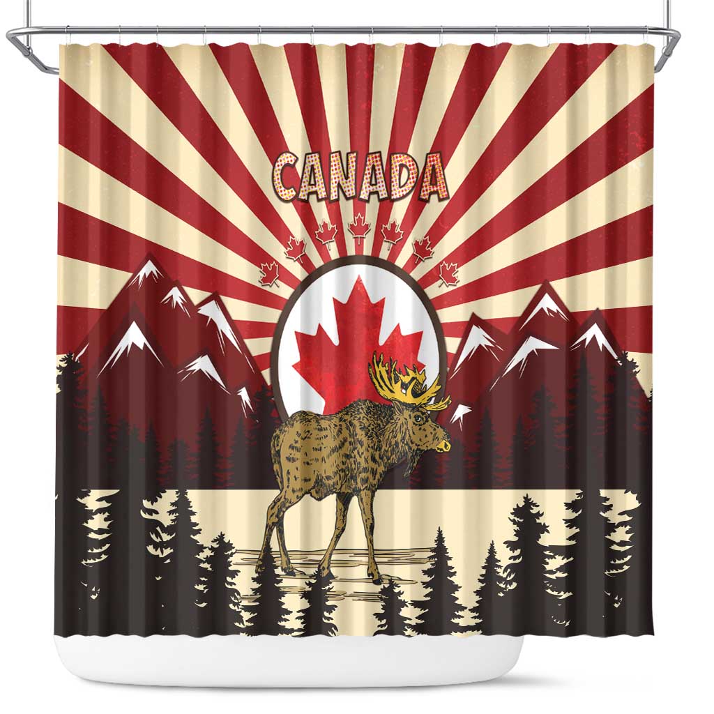 Canada Maple Leaf Shower Curtain Moose And Forest Retro Style DT04