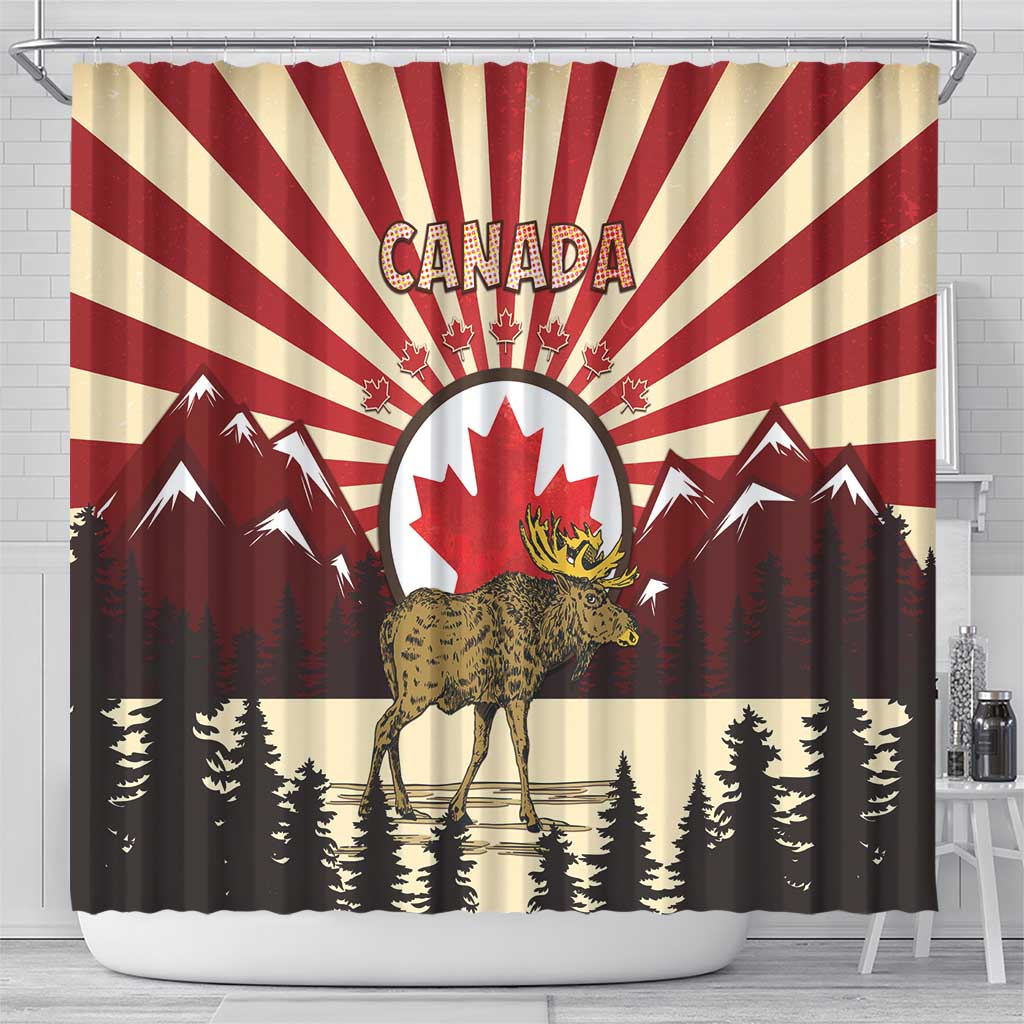 Canada Maple Leaf Shower Curtain Moose And Forest Retro Style DT04