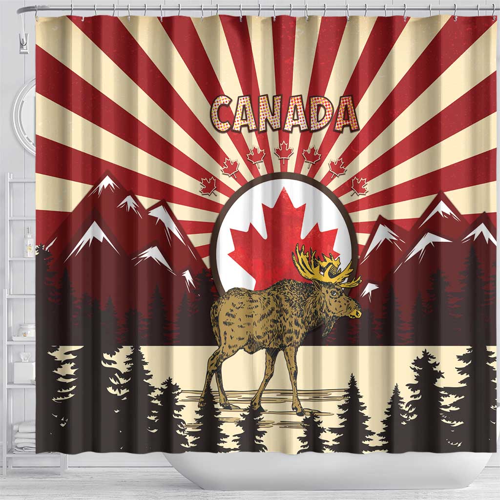 Canada Maple Leaf Shower Curtain Moose And Forest Retro Style DT04