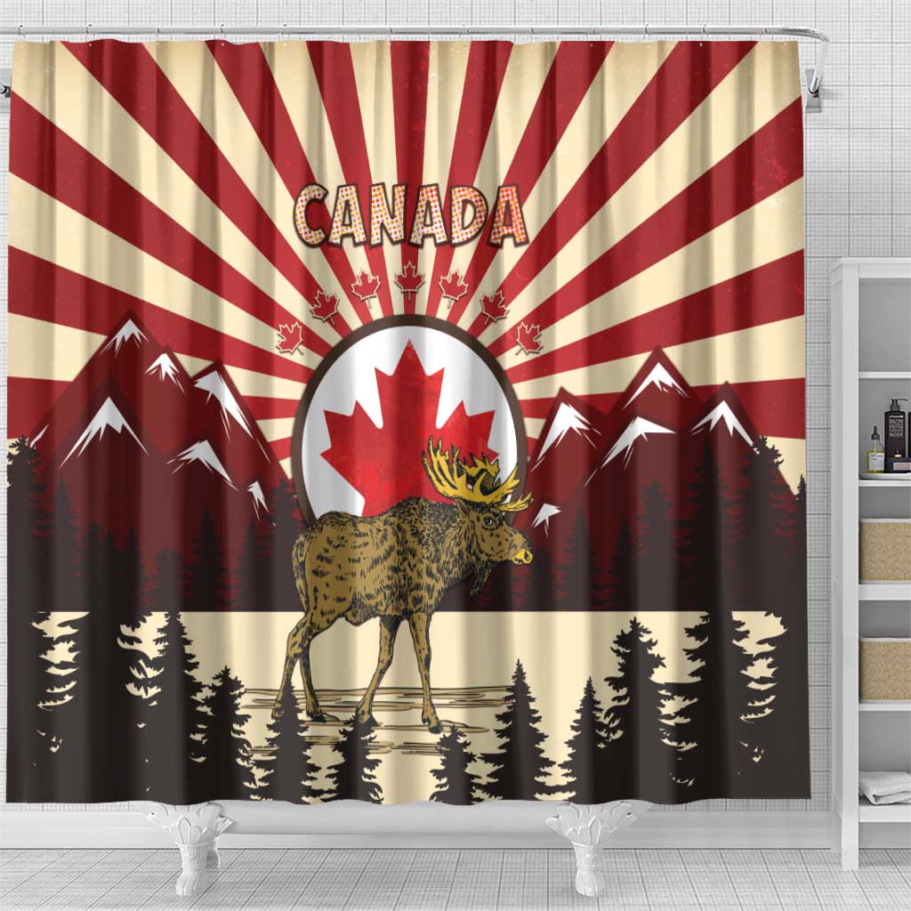 Canada Maple Leaf Shower Curtain Moose And Forest Retro Style DT04