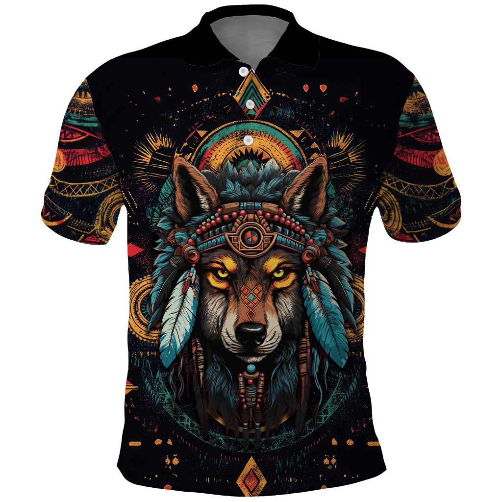 Native American Wolf Polo Shirt Abstract Geometric Style DT04
