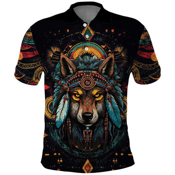 Native American Wolf Polo Shirt Abstract Geometric Style DT04