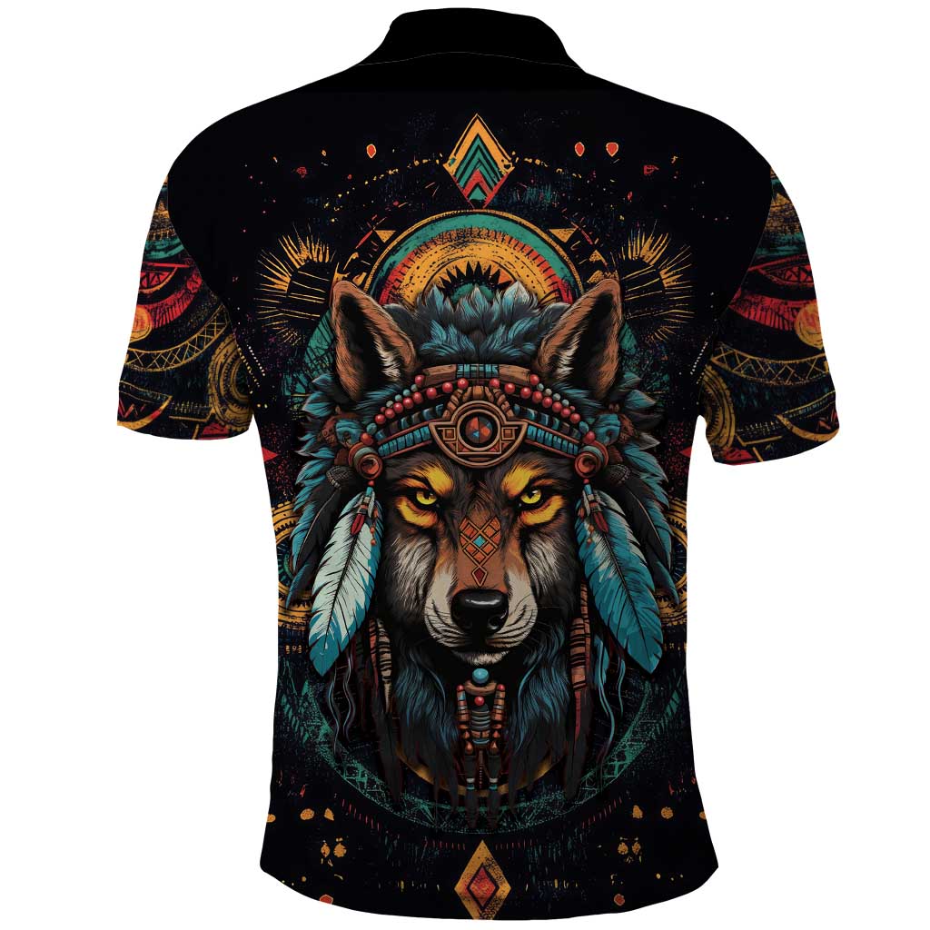 Native American Wolf Polo Shirt Abstract Geometric Style DT04