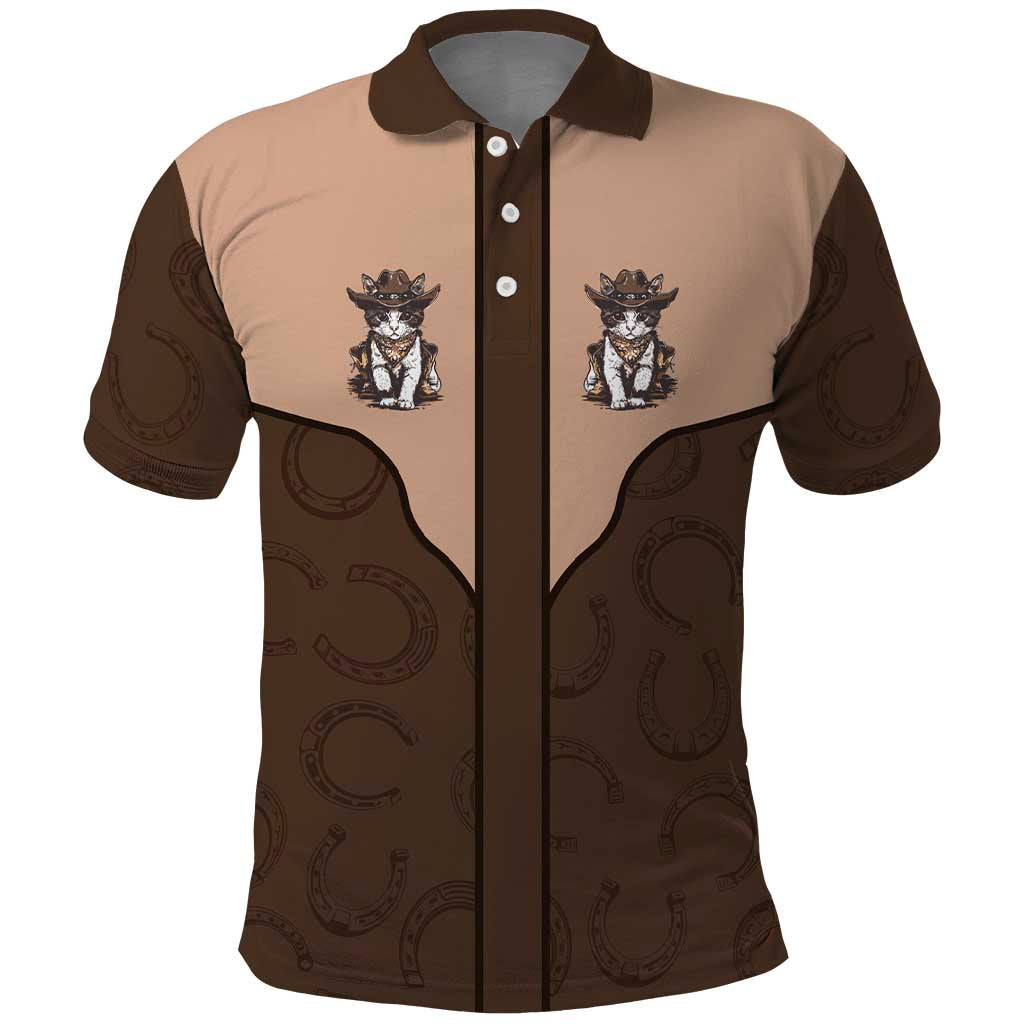 Cowcat Polo Shirt Cowboy Cat Meowdy Retro Western Yoke Brown DT05
