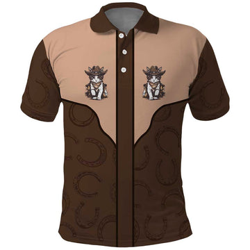 Cowcat Polo Shirt Cowboy Cat Meowdy Retro Western Yoke Brown DT05