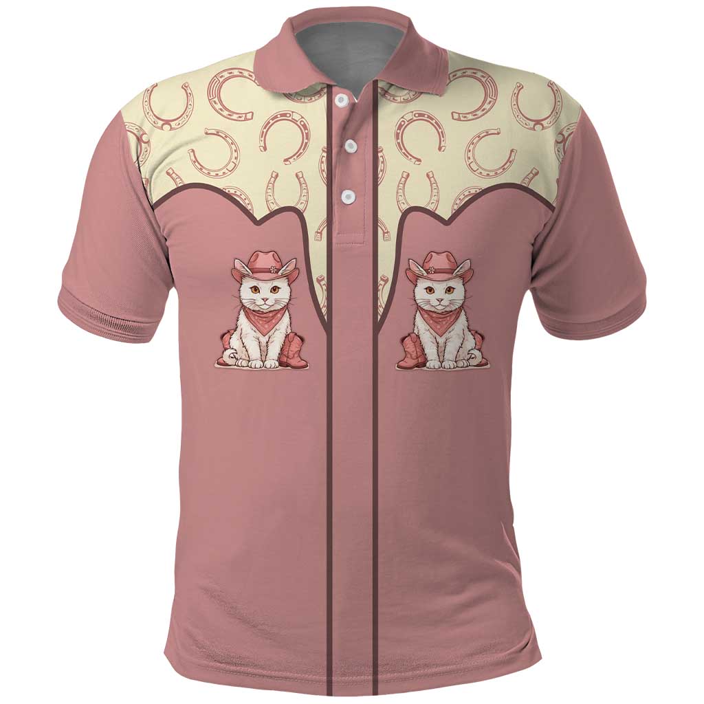 Cowcat Polo Shirt Cowboy Cat Meowdy Retro Western Yoke Pink DT05