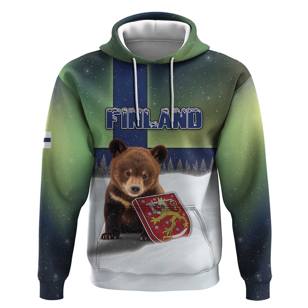 Personalized Finland Hoodie Brown Bear With Symbol Under The Aurora Sky DT05