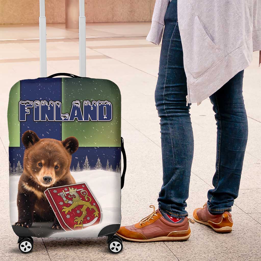 Finland Luggage Cover Brown Bear With Symbol Under The Aurora Sky DT05