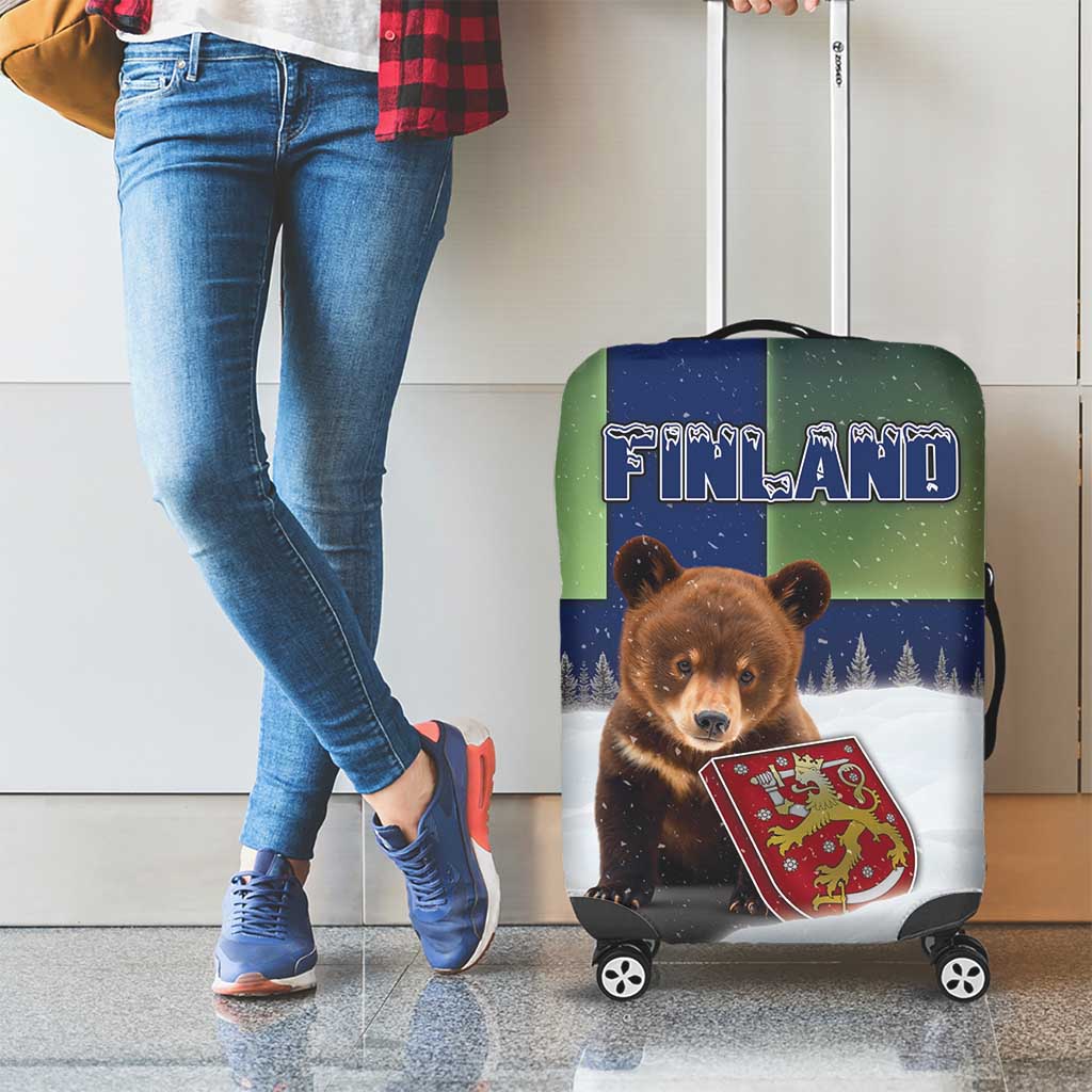 Finland Luggage Cover Brown Bear With Symbol Under The Aurora Sky DT05