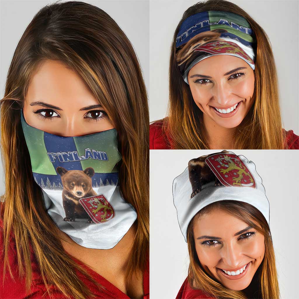 Finland Neck Gaiter Brown Bear With Symbol Under The Aurora Sky DT05