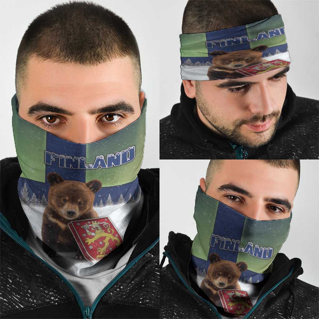 Finland Neck Gaiter Brown Bear With Symbol Under The Aurora Sky DT05