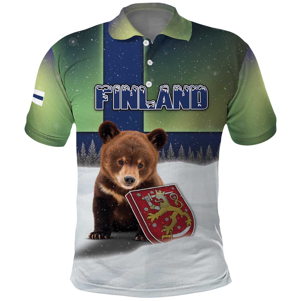Personalized Finland Polo Shirt Brown Bear With Symbol Under The Aurora Sky DT05