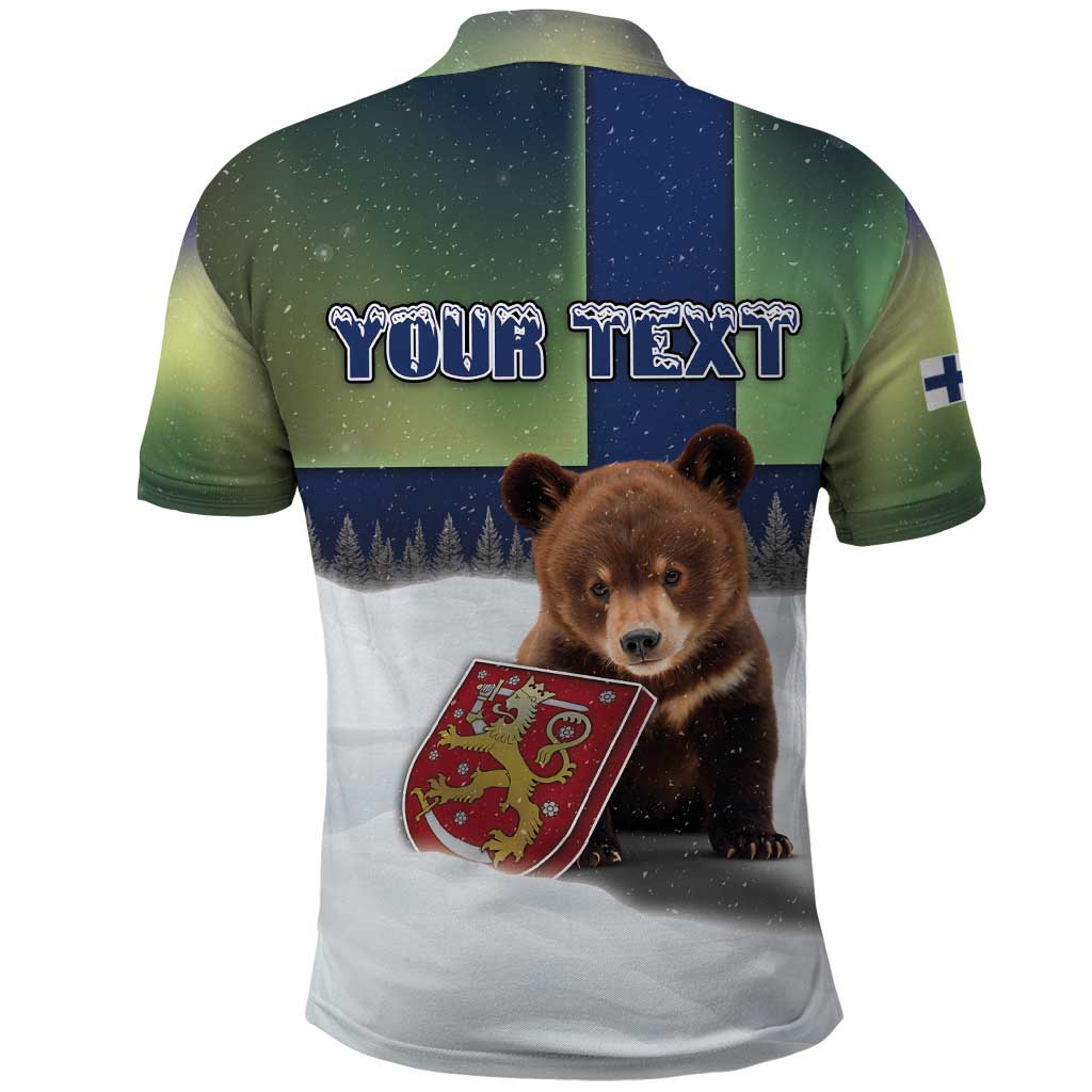 Personalized Finland Polo Shirt Brown Bear With Symbol Under The Aurora Sky DT05