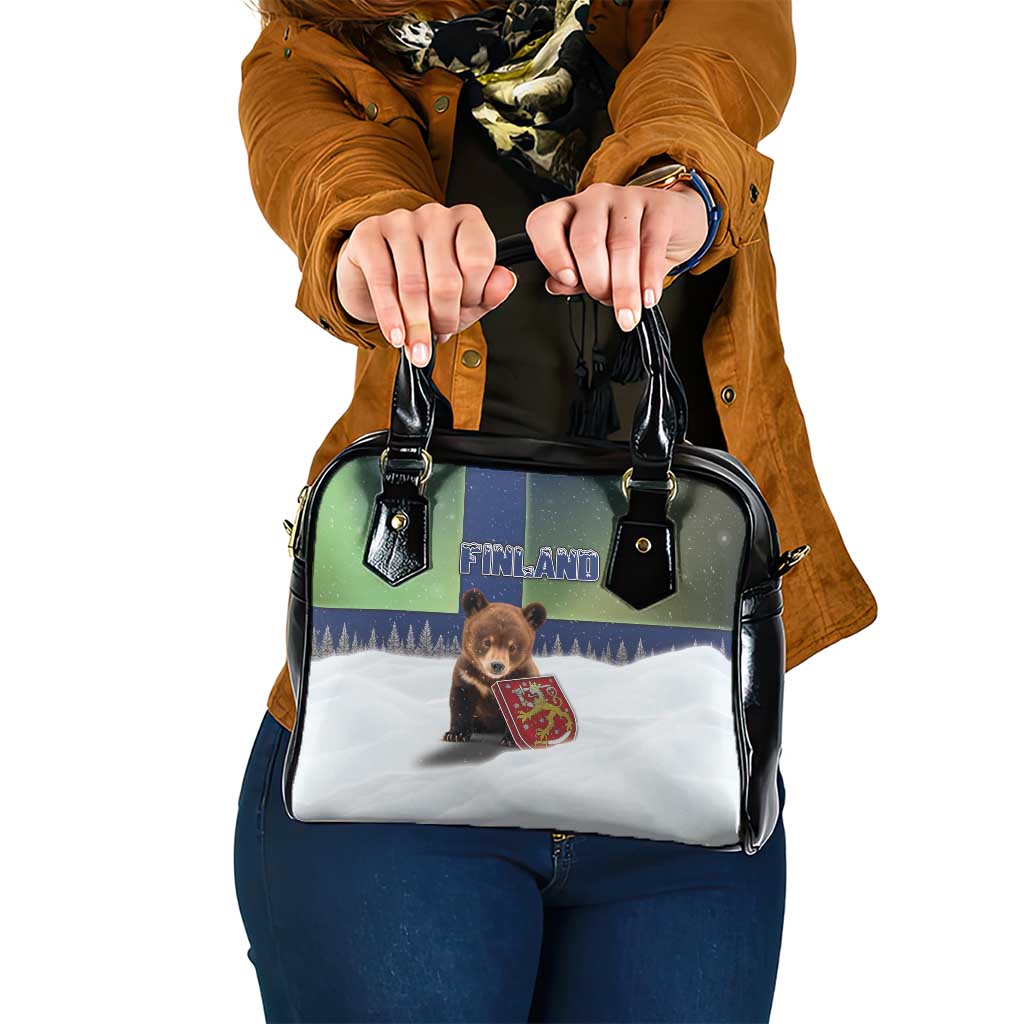 Finland Shoulder Handbag Brown Bear With Symbol Under The Aurora Sky DT05