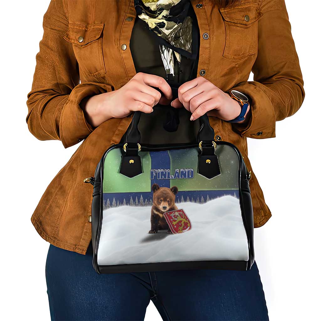 Finland Shoulder Handbag Brown Bear With Symbol Under The Aurora Sky DT05