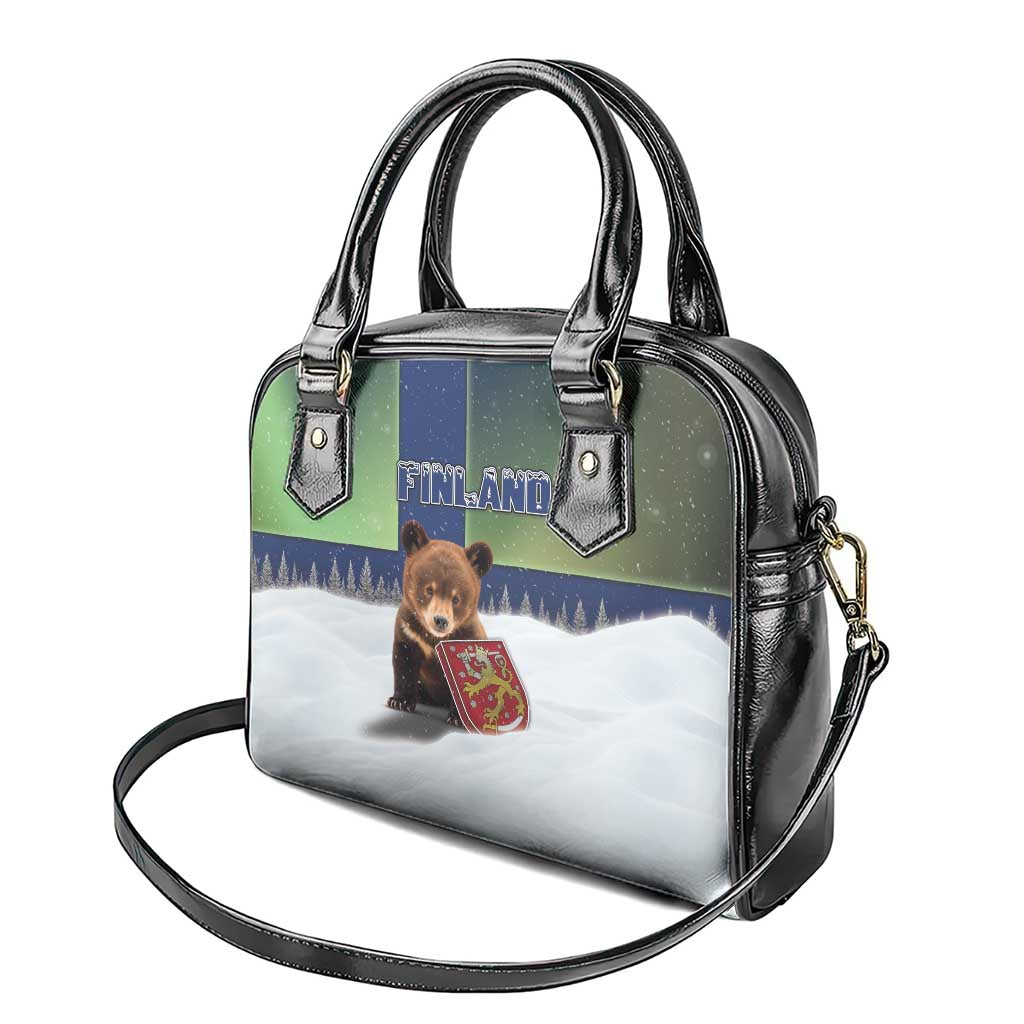 Finland Shoulder Handbag Brown Bear With Symbol Under The Aurora Sky DT05