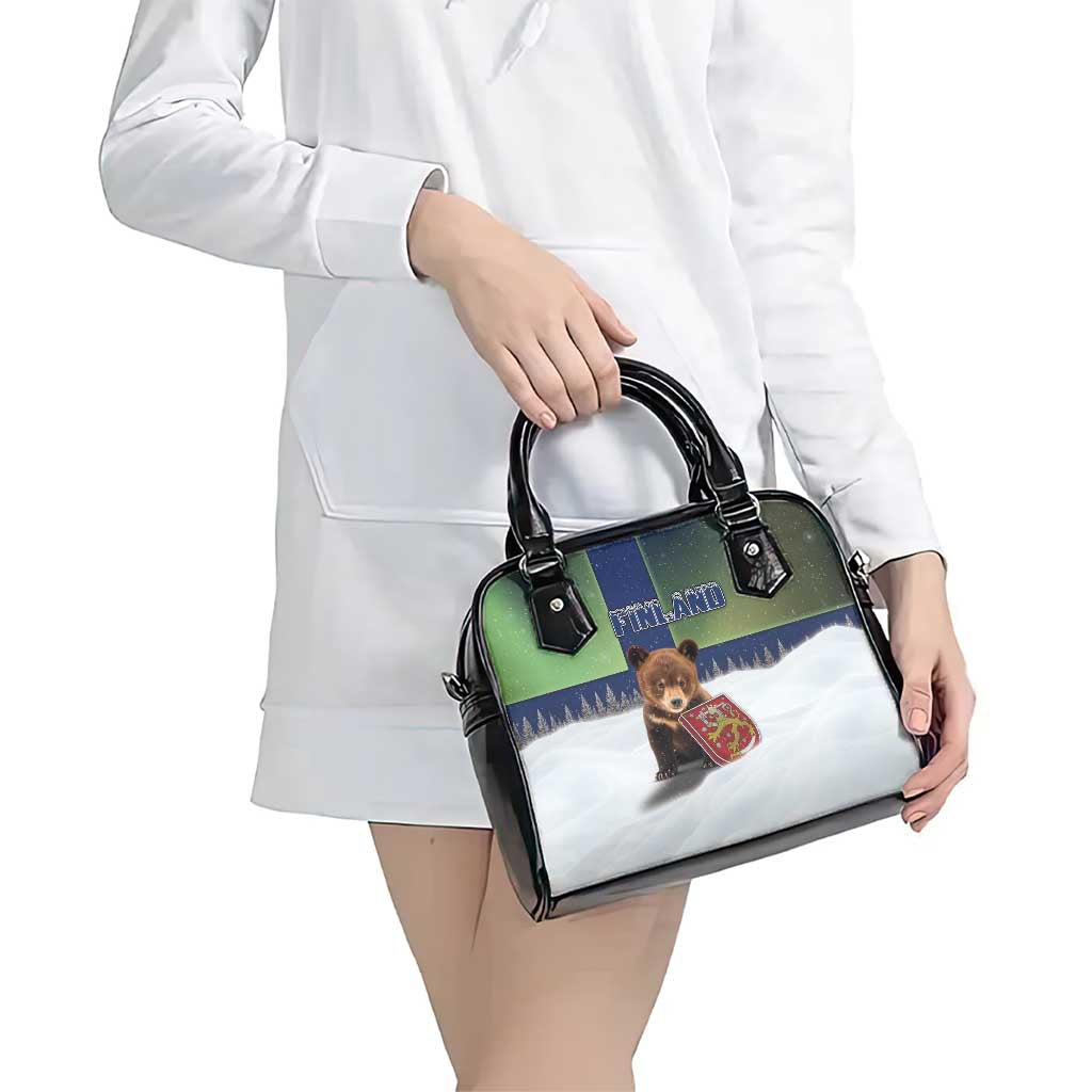 Finland Shoulder Handbag Brown Bear With Symbol Under The Aurora Sky DT05