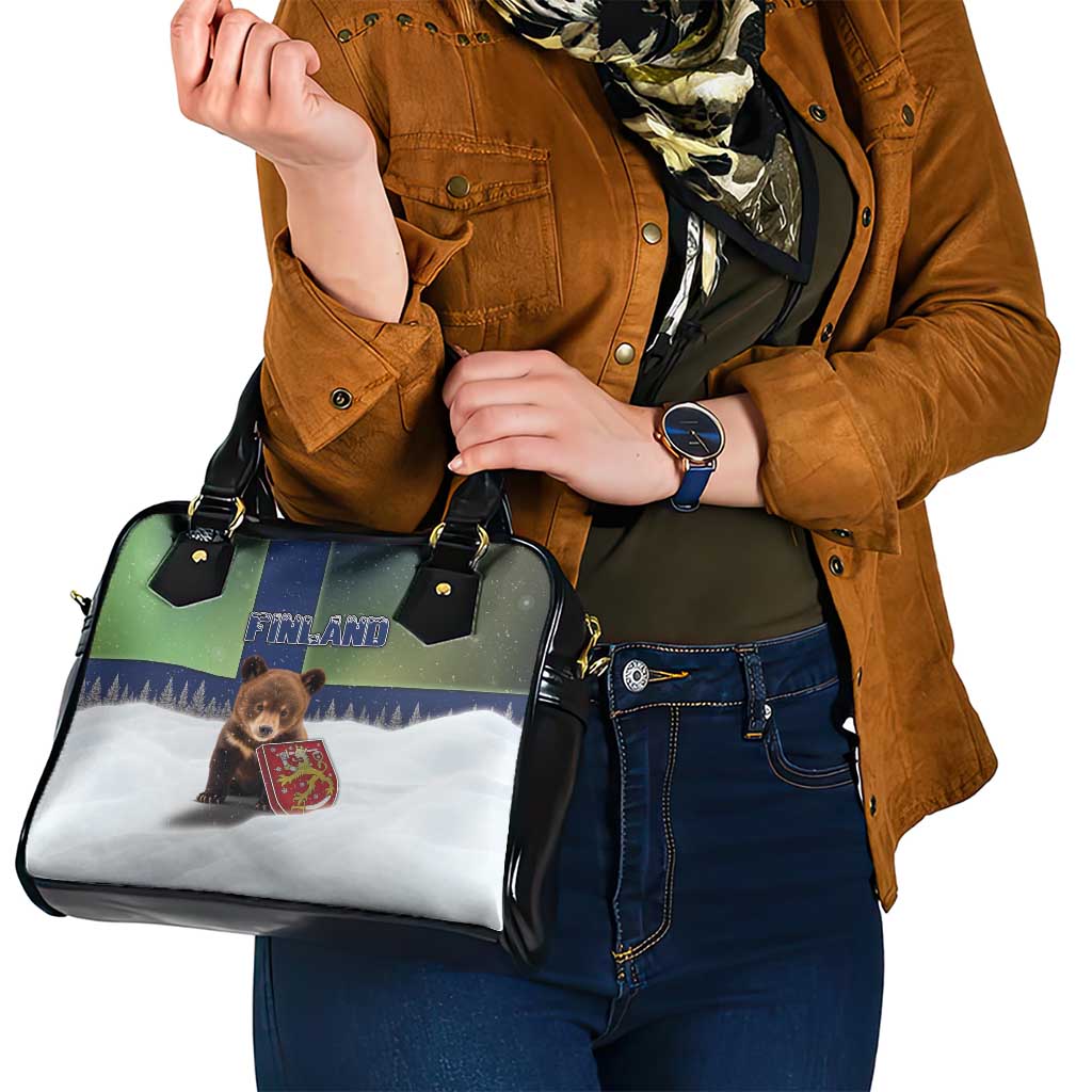 Finland Shoulder Handbag Brown Bear With Symbol Under The Aurora Sky DT05