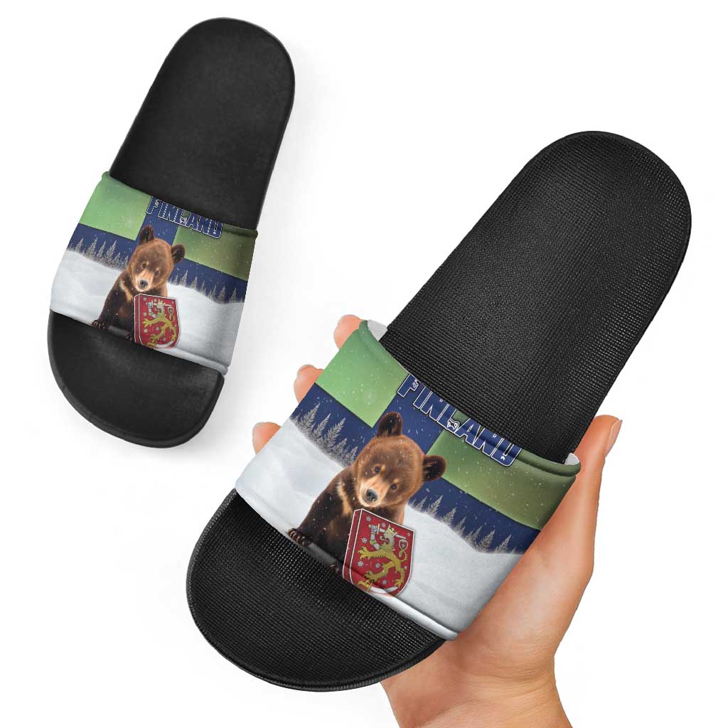 Finland Slide Sandals Brown Bear With Symbol Under The Aurora Sky DT05