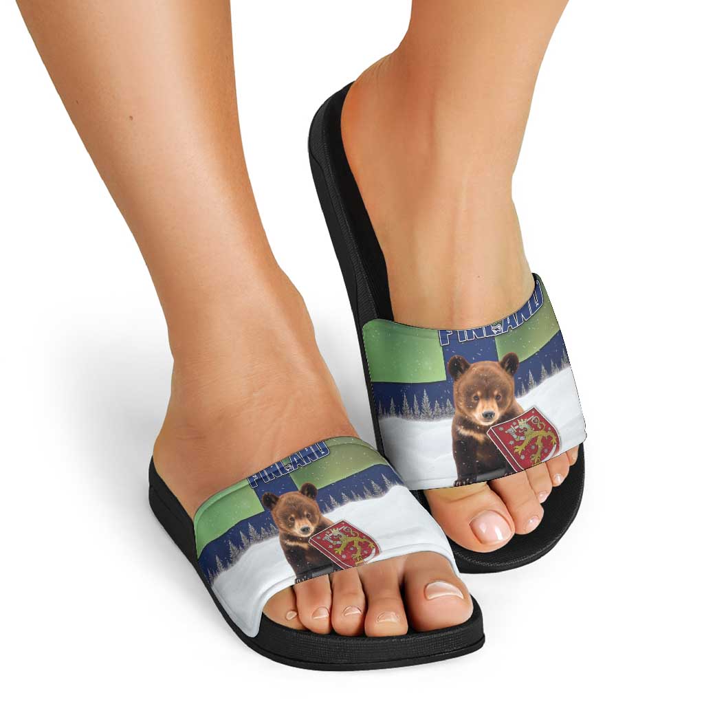 Finland Slide Sandals Brown Bear With Symbol Under The Aurora Sky DT05