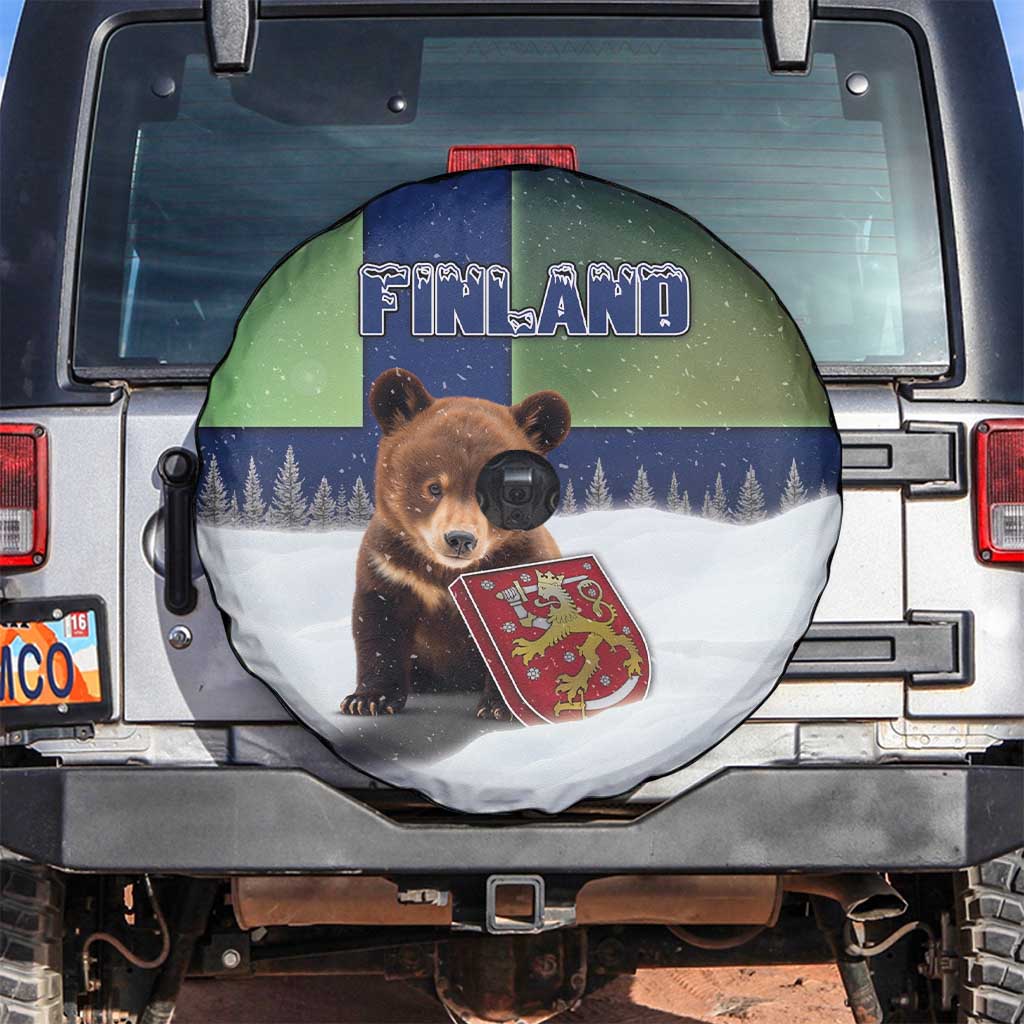 Finland Spare Tire Cover Brown Bear With Symbol Under The Aurora Sky DT05