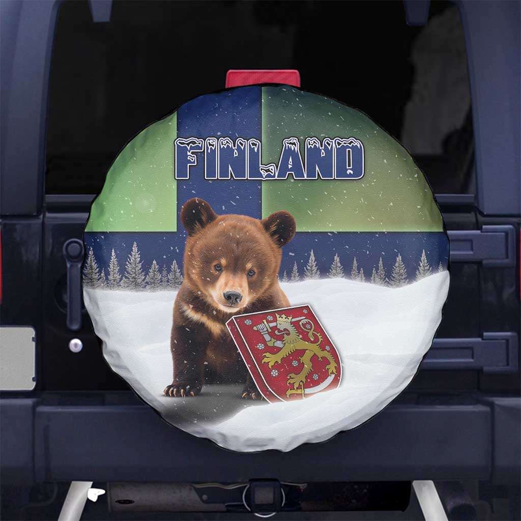 Finland Spare Tire Cover Brown Bear With Symbol Under The Aurora Sky DT05