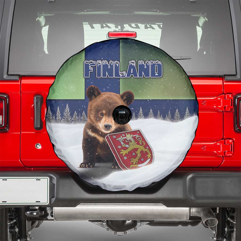 Finland Spare Tire Cover Brown Bear With Symbol Under The Aurora Sky DT05