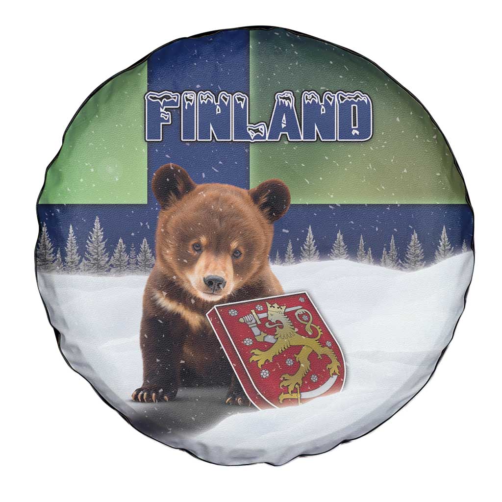 Finland Spare Tire Cover Brown Bear With Symbol Under The Aurora Sky DT05