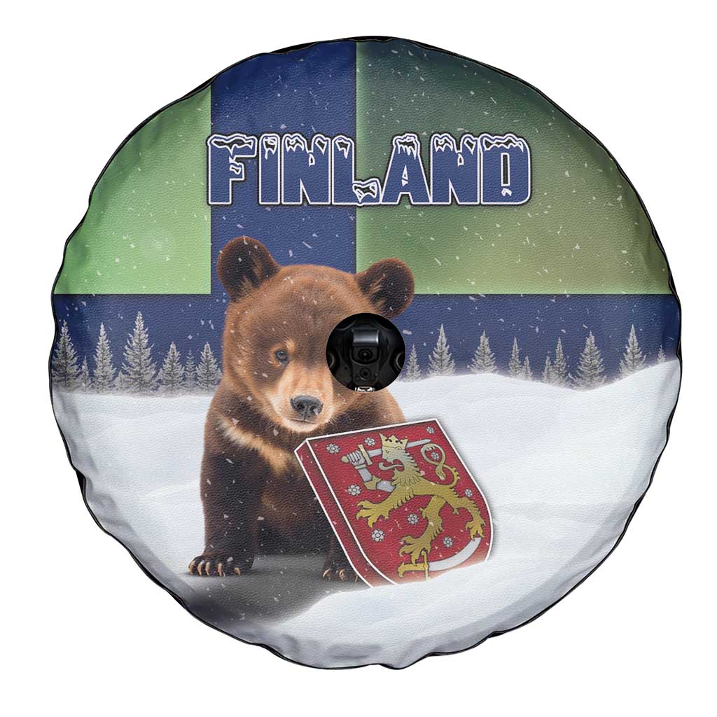Finland Spare Tire Cover Brown Bear With Symbol Under The Aurora Sky DT05