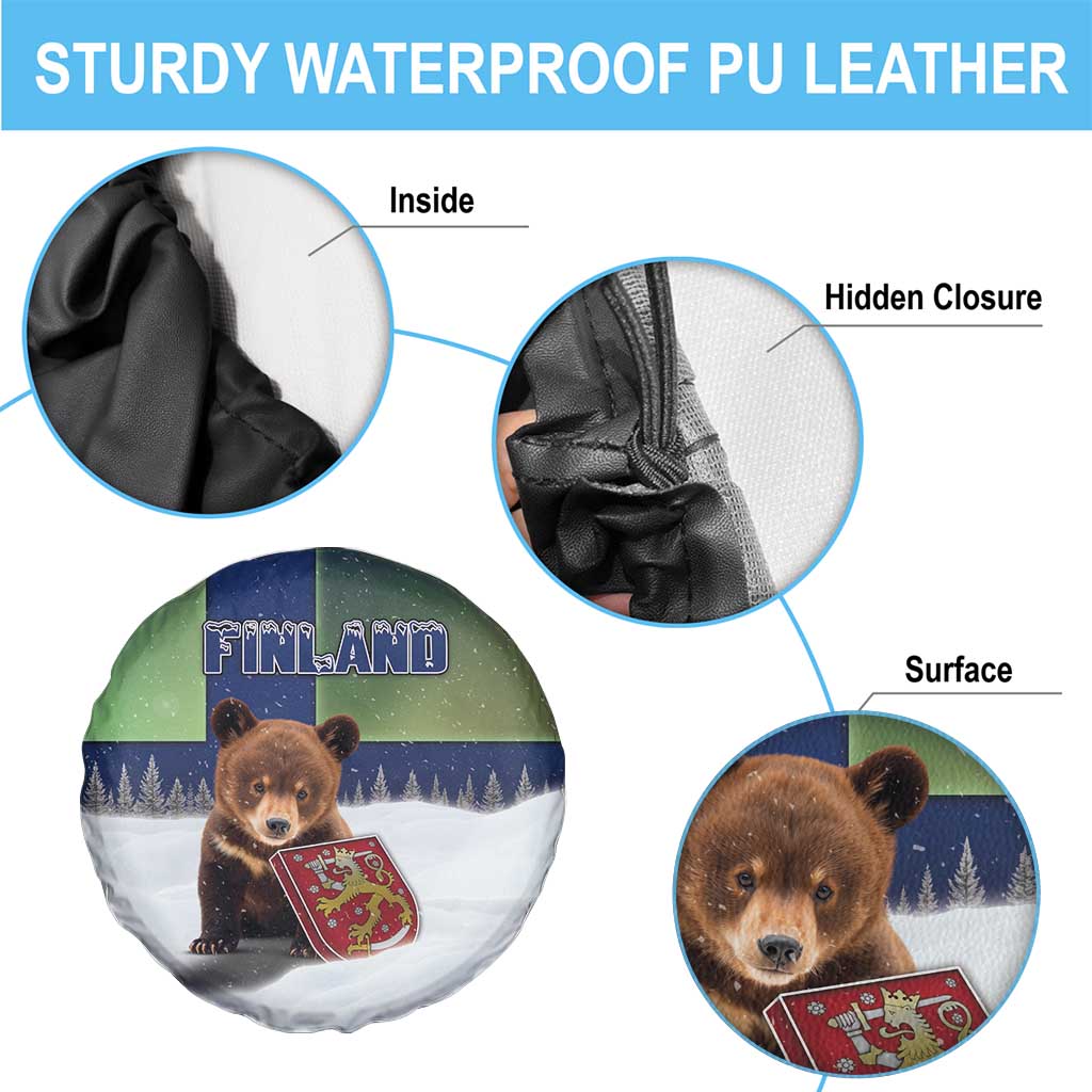 Finland Spare Tire Cover Brown Bear With Symbol Under The Aurora Sky DT05