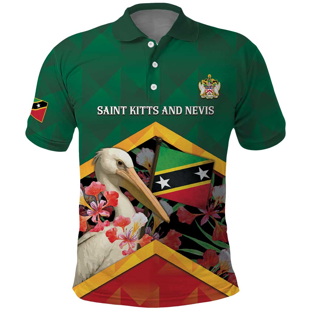 Personalized Saint Kitts and Nevis Polo Shirt Pelican With Poinciana Flowers DT05