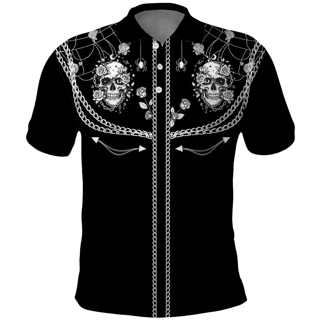 Western Gothic Yoke Polo Shirt Skull Rose With Spider DT05
