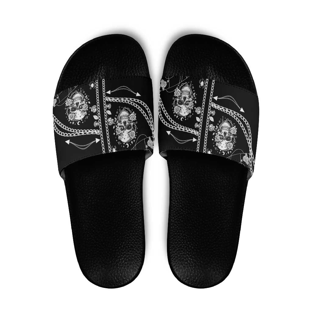 Western Gothic Yoke Slide Sandals Skull Rose With Spider DT05