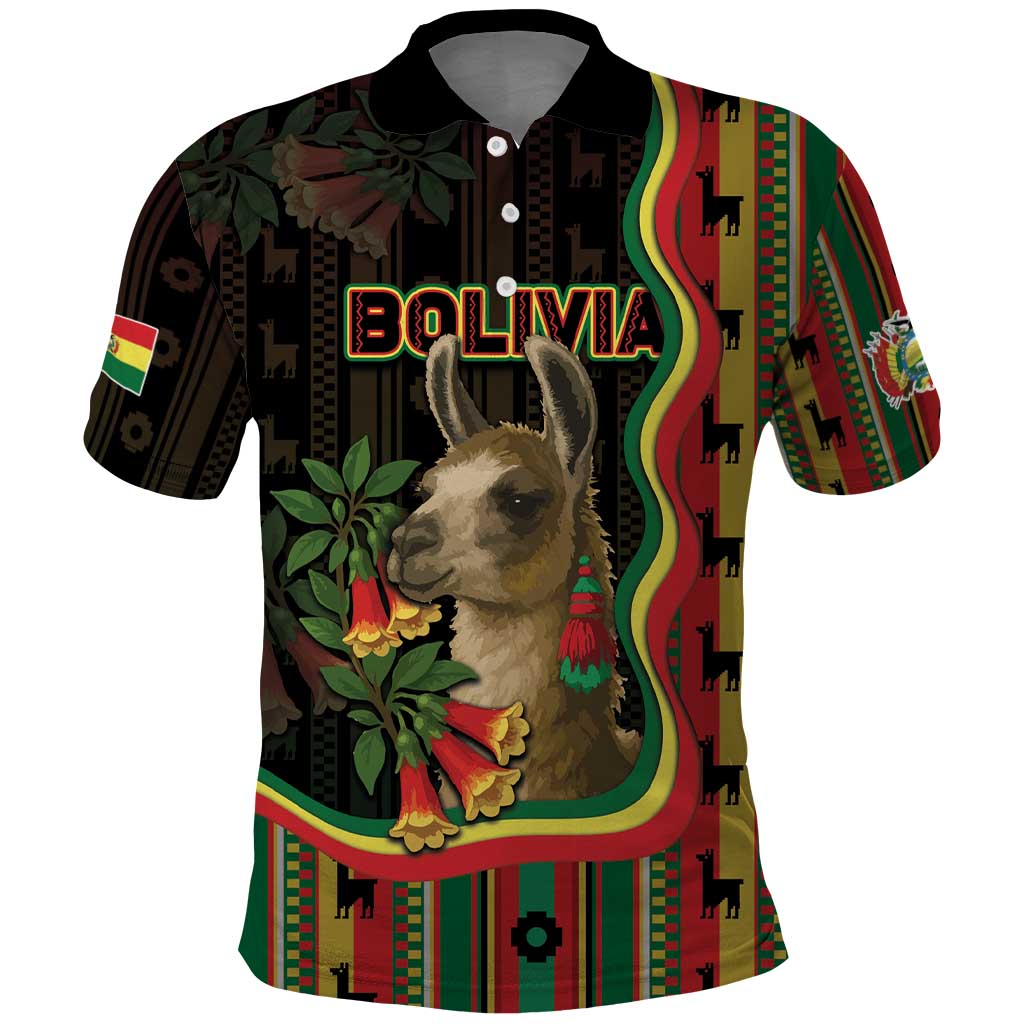Bolivia Polo Shirt The Llama With Kantuta Over Andean Patterns DT05