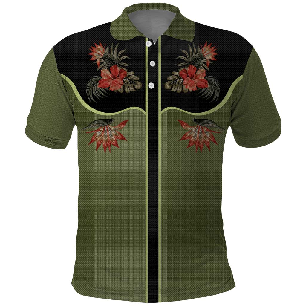 Western Yoke Polo Shirt Tropical Hibiscus Cowboy Style DT05