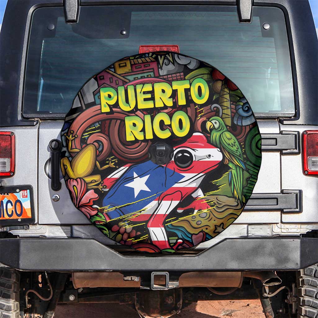 Puerto Rico Spare Tire Cover The Coqui Frog Tropical Doodle Style DT05