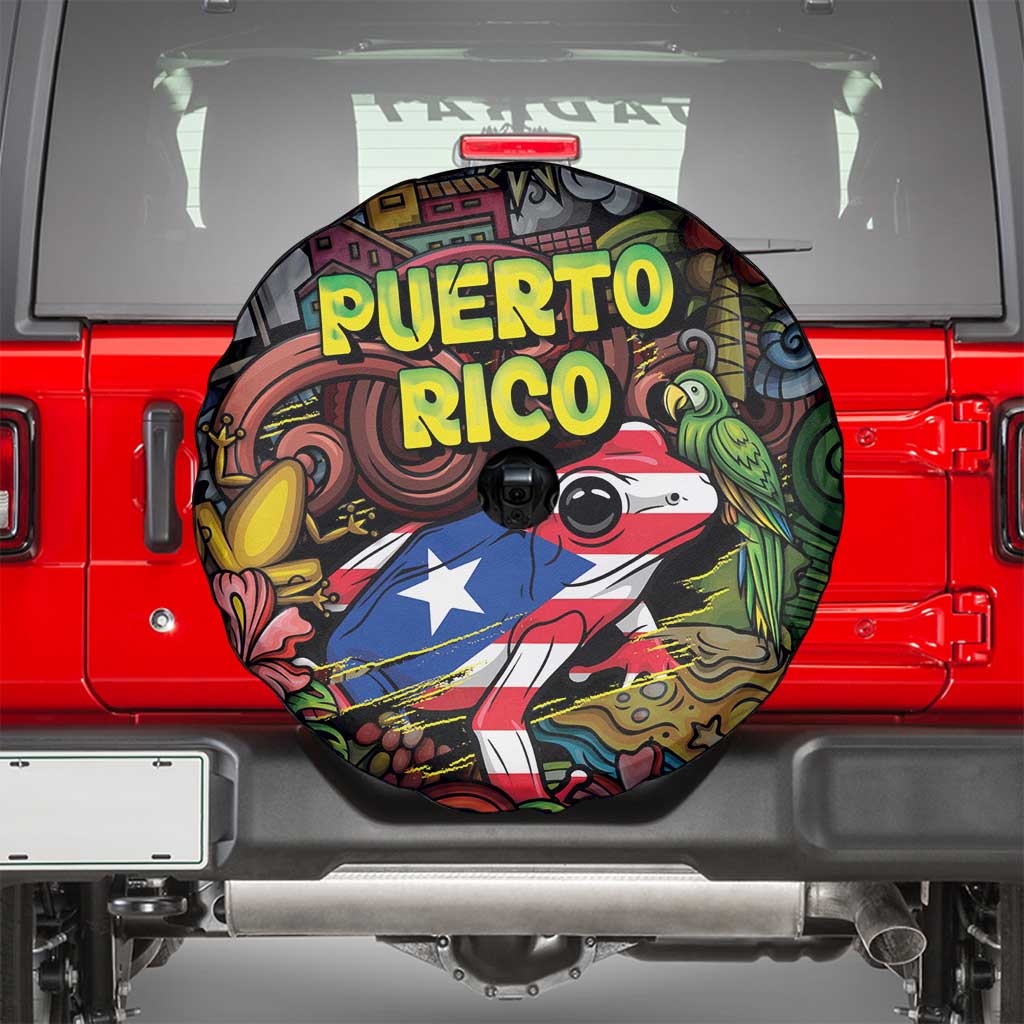 Puerto Rico Spare Tire Cover The Coqui Frog Tropical Doodle Style DT05
