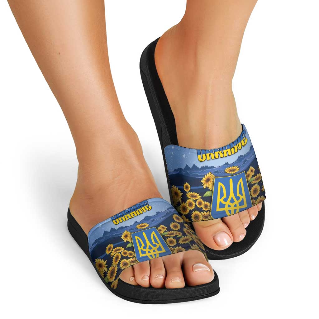 Ukraine Slide Sandals Coat Of Arms On Sunflower Field DT05