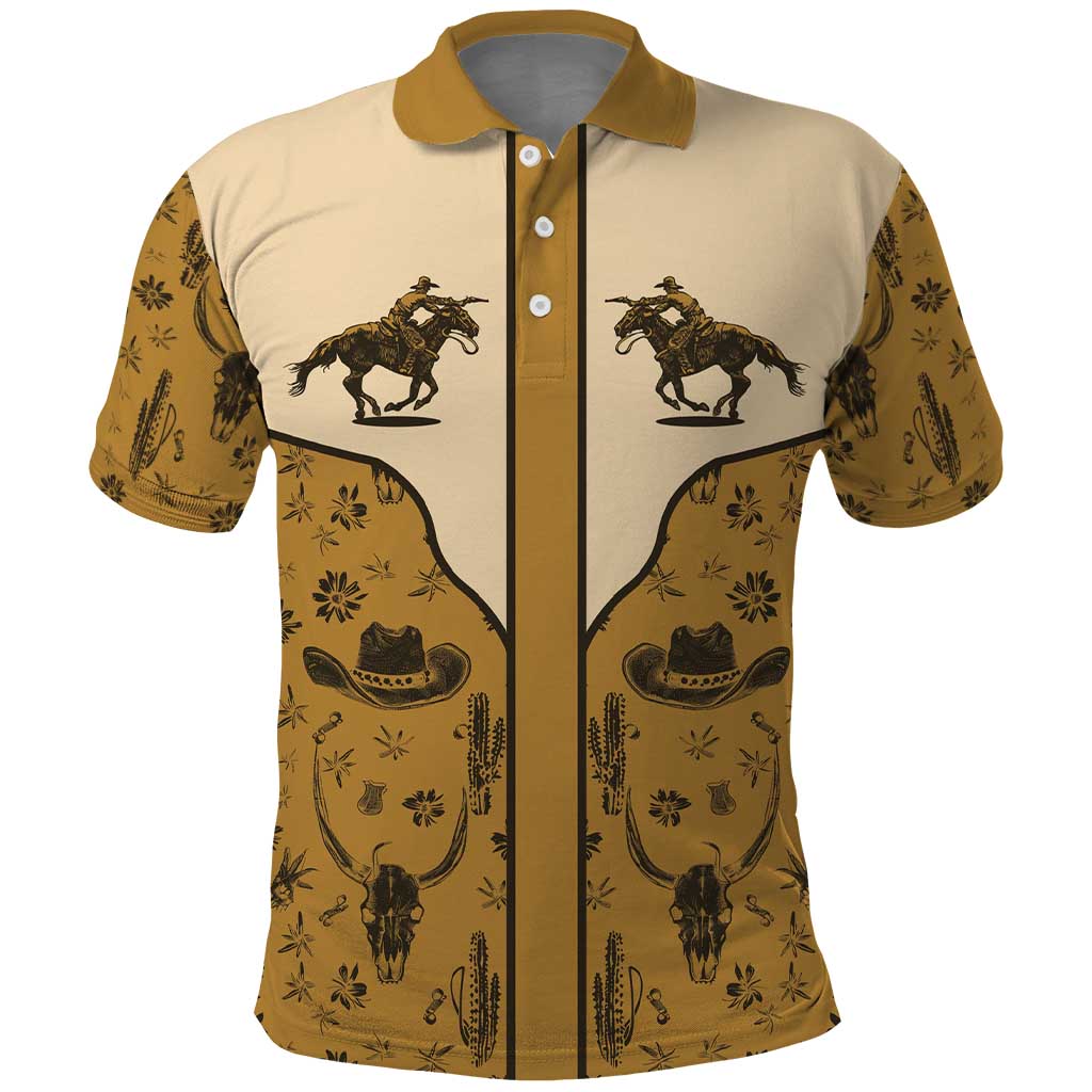 Cowboy Polo Shirt Horse Riding Retro Western Yoke Beige DT05
