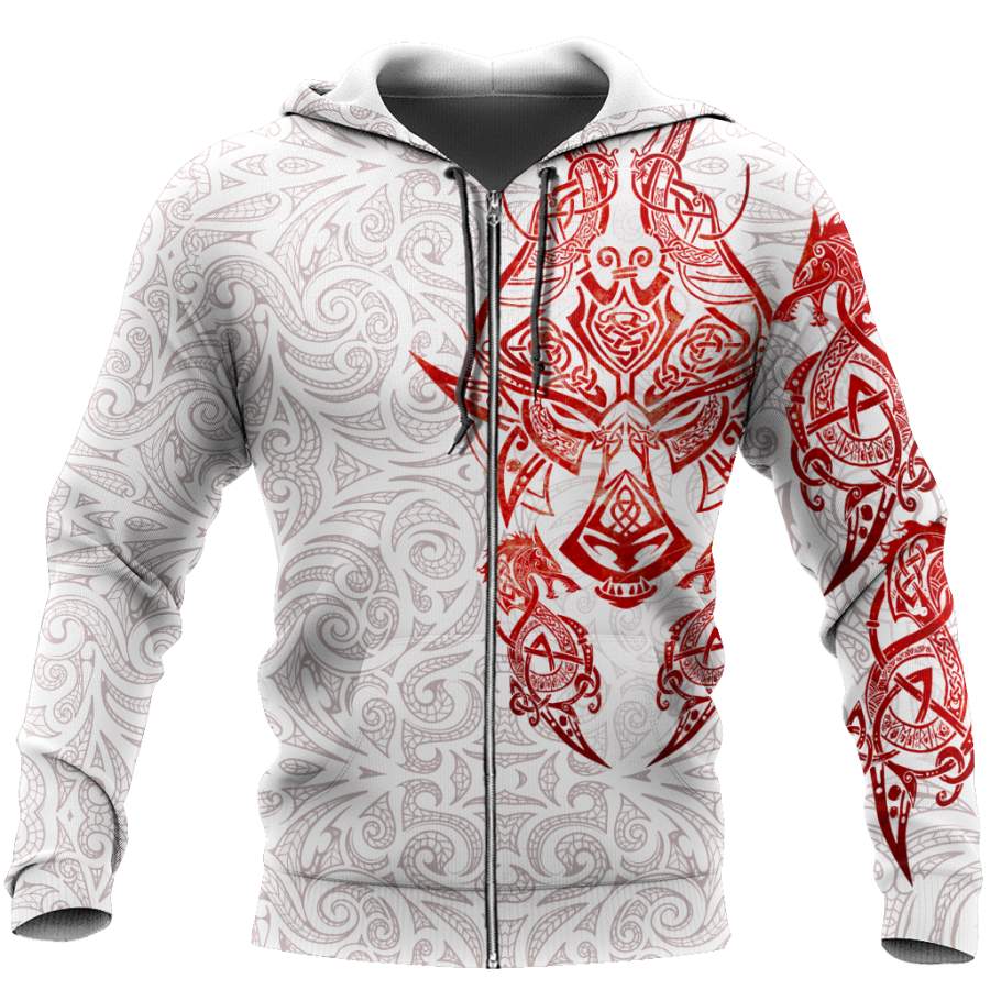 Viking Clothing Red and White Viking Tattoo Dragon Hoodie RLT12