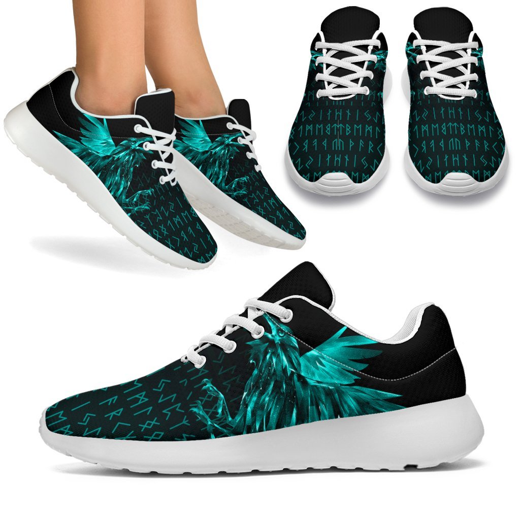 Viking Sporty Sneakers - The Raven Of Odin Rune Cyan RLT12