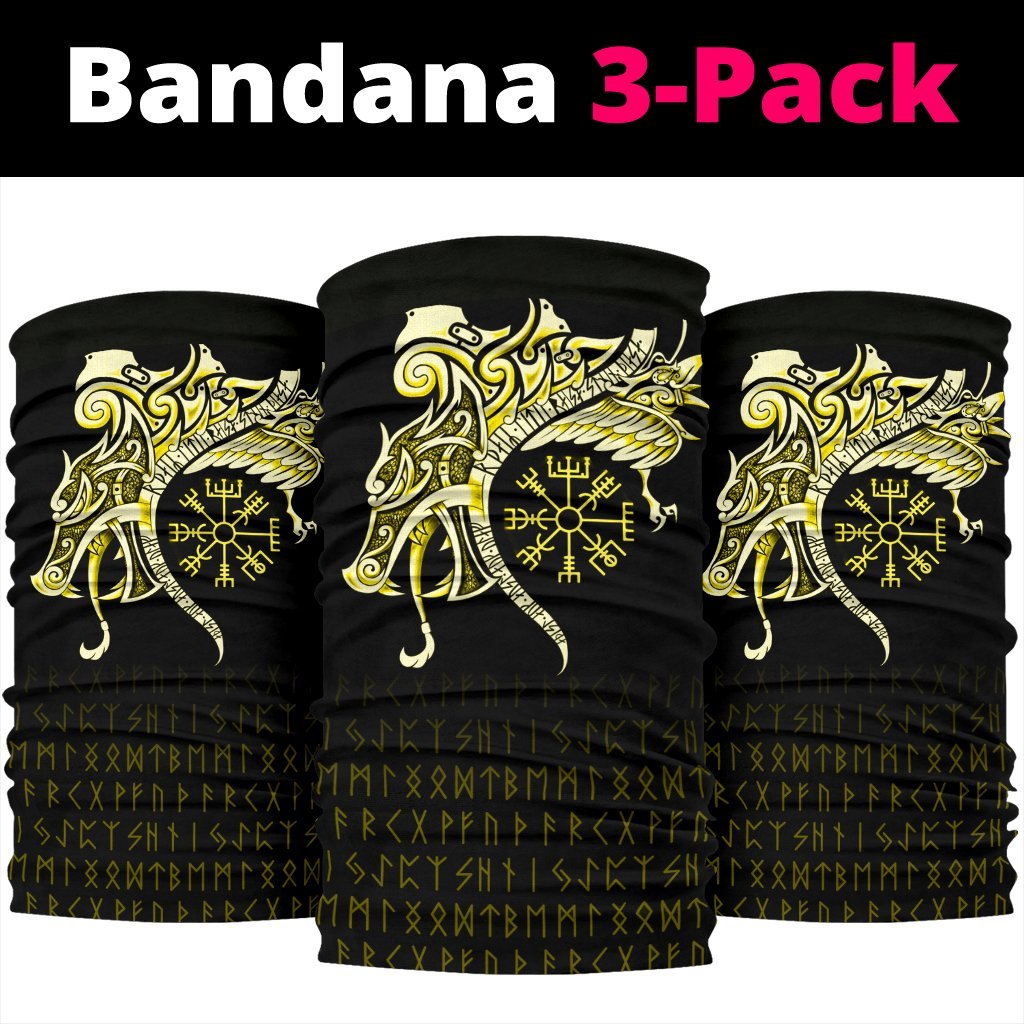 Viking Neck Gaiter 3 Pack, Fenrir Raven and Vegvisir Tattoo Yellow RLT12