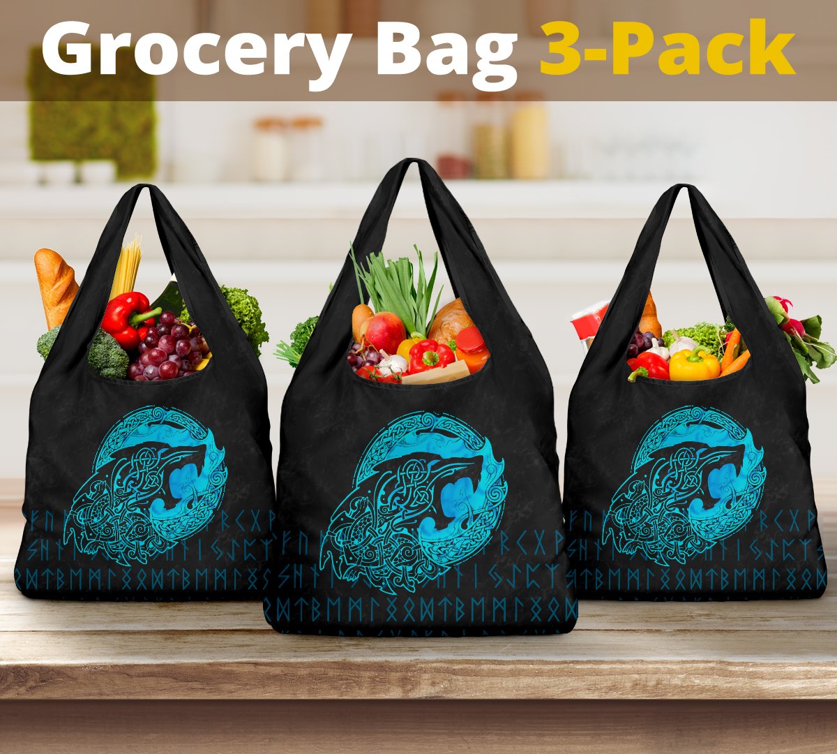 Viking Grocery Bag 3 Pack Fenrir Wolf Cyan RLT12