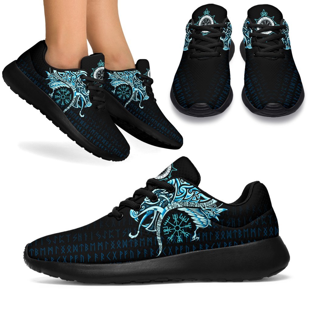 Viking Sport Sneakers, Fenrir Raven and Vegvisir Tattoo Cyan RLT12