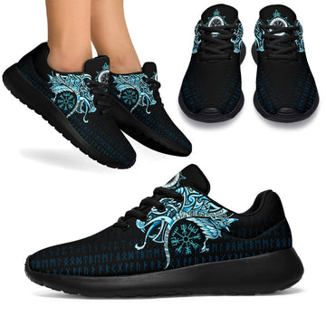 Viking Sport Sneakers, Fenrir Raven and Vegvisir Tattoo Cyan RLT12