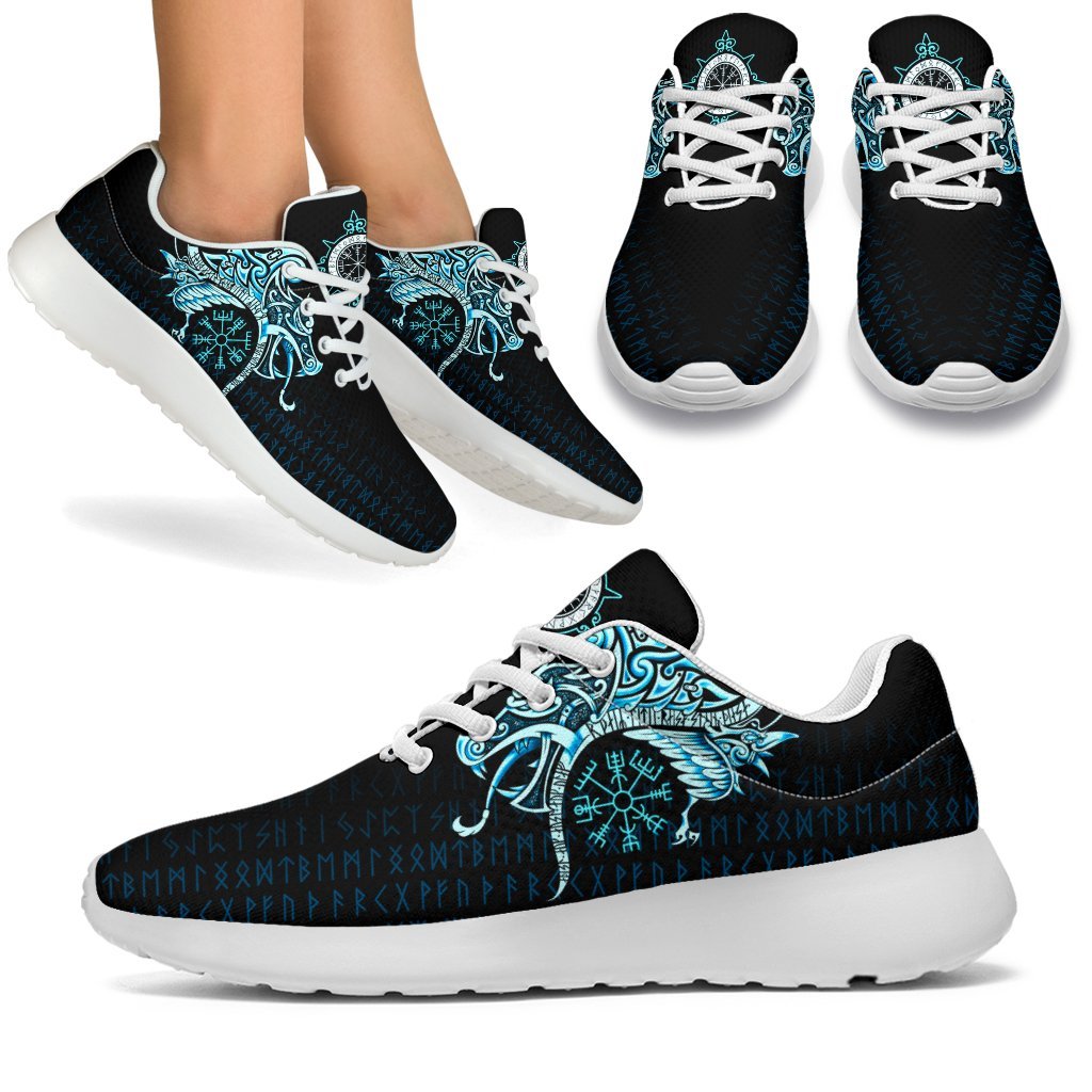 Viking Sport Sneakers, Fenrir Raven and Vegvisir Tattoo Cyan RLT12