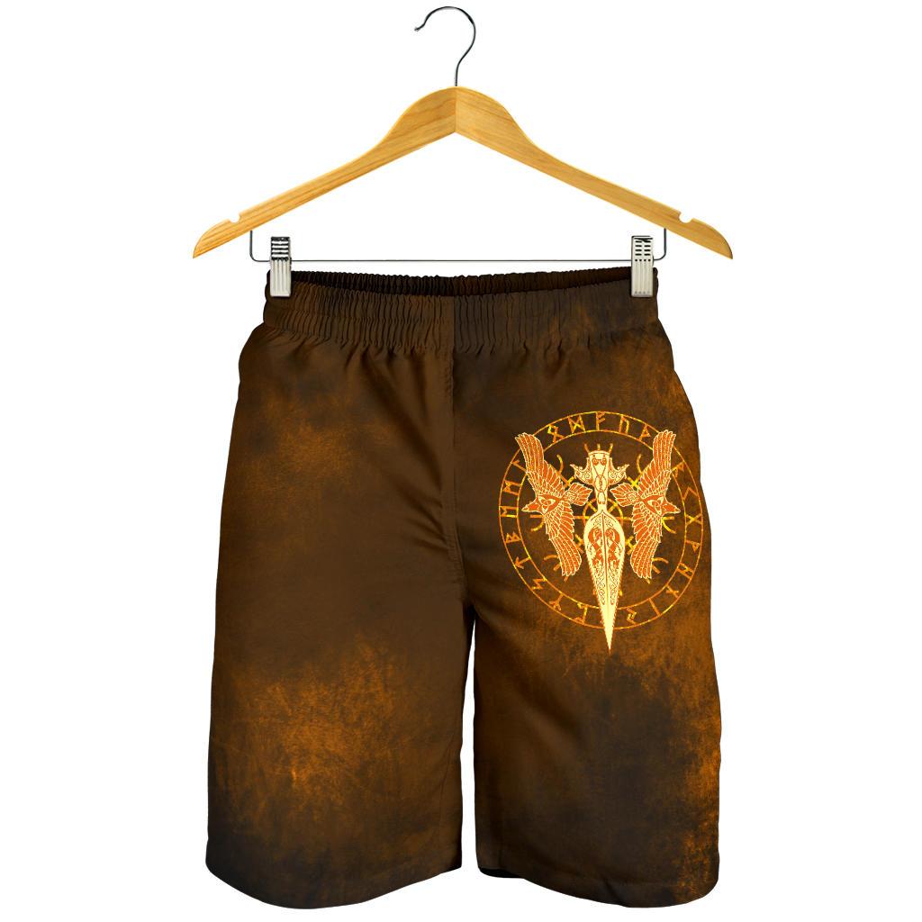 Viking All Over Print Men's Shorts Gold Spear Of The God Odin Gungnir and Two Gold Ravens RLT12
